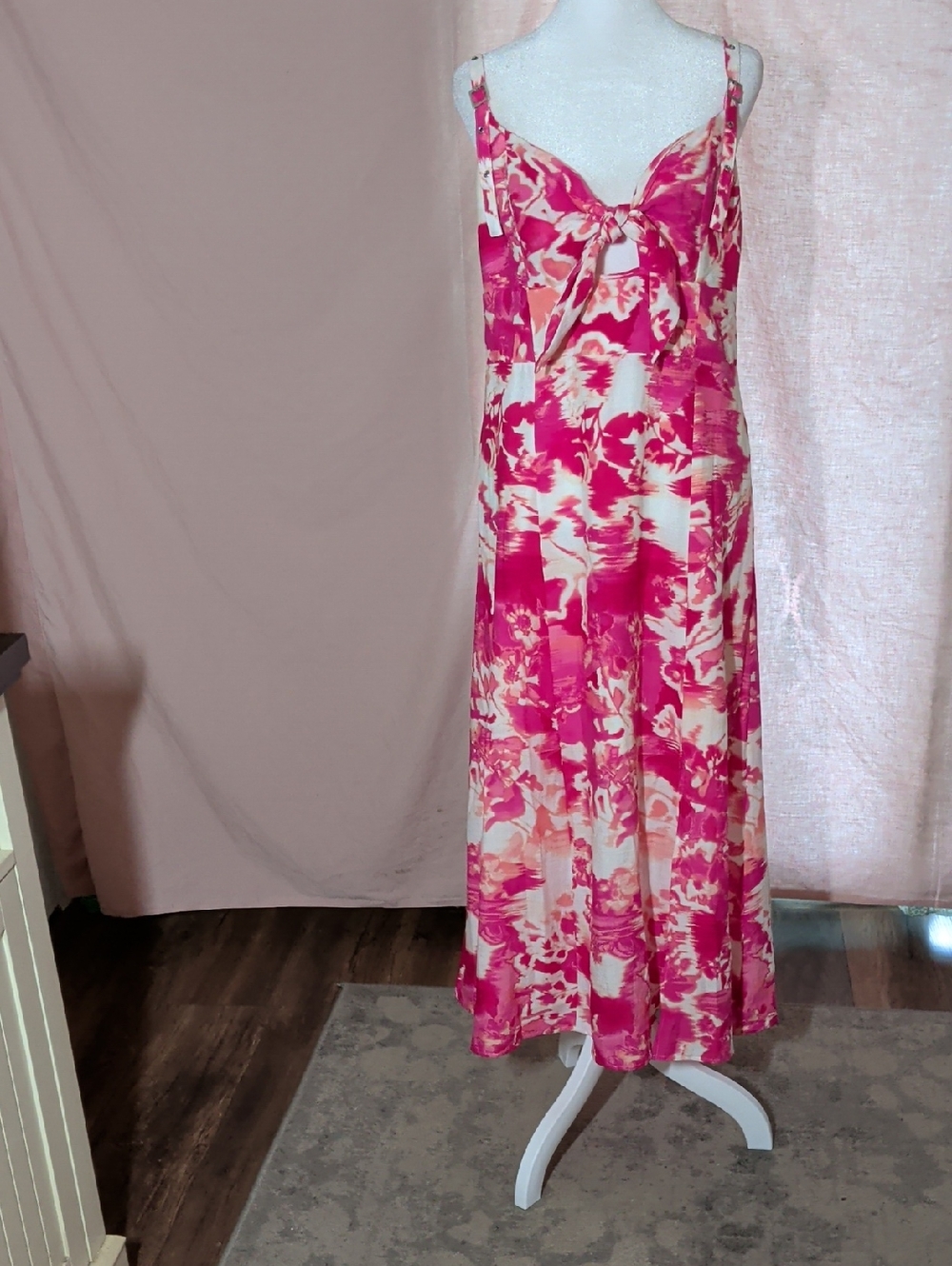 Dkny Pink and Cream Tie-Front Floral Midi Dress